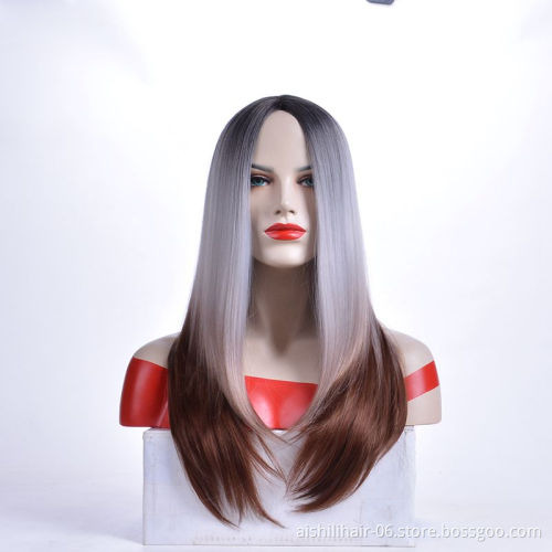 Wholesale Natural Long Silky Straight Silver Grey Synthetic Lace Front Wig For White Women